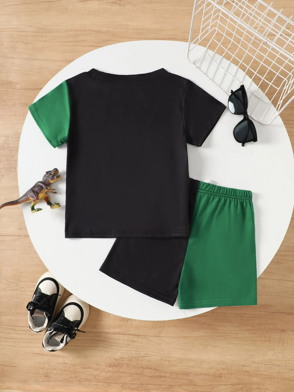 Sommer-Kleidungsset für Jungen, Dinosaurier-ROAR-Druck, Farbblock-T-Shirt, Shorts, 2-teilig, für Kleinkinder, atmungsaktiv, sportlich, lässig