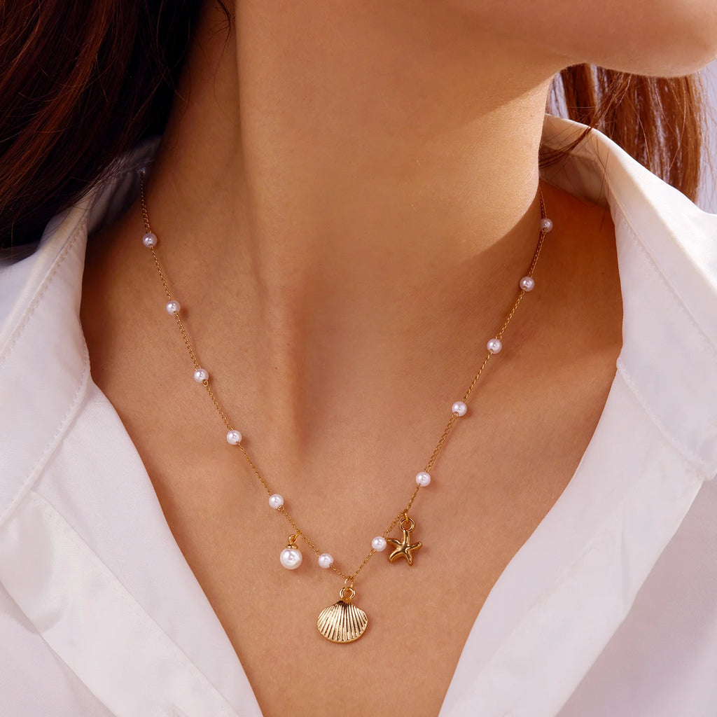 Bohemian Gold Farbe Seestern Shell Anhänger Halskette Für Frauen Strand Halsband Perle Ketten Hals Sommer Party Schmuck Geschenk