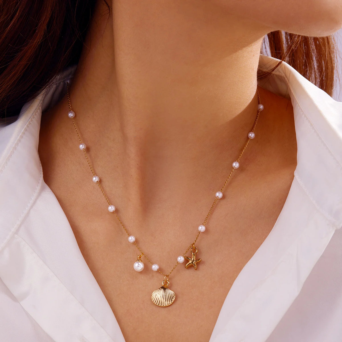 Bohemian Gold Farbe Seestern Shell Anhänger Halskette Für Frauen Strand Halsband Perle Ketten Hals Sommer Party Schmuck Geschenk