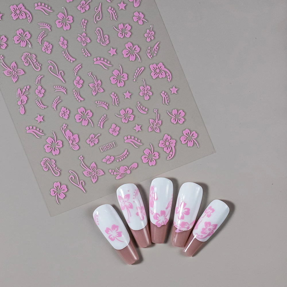1/4/8 Stück 3D Hibiskus-Blumen Nagelaufkleber in Gemischten Farben Weiß Schwarz Rot Rosa Gold Silber Blühende Blütenblätter Selbstklebende Abziehbilder für Nägel