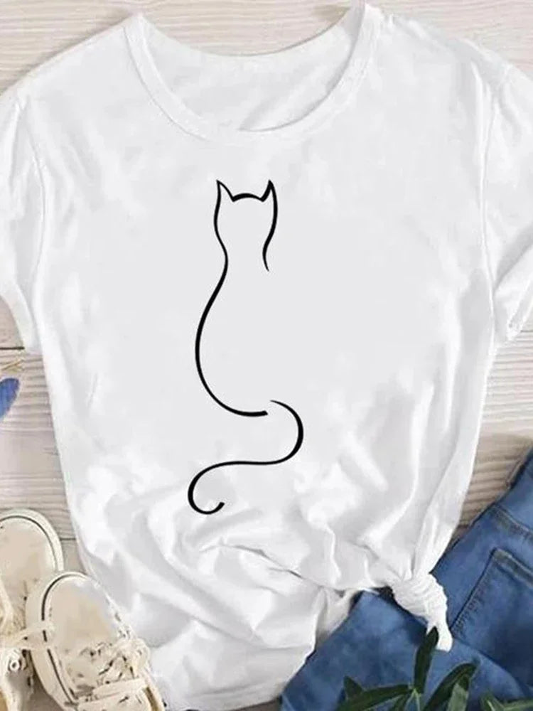 Frauen Dame Übergroßen T-shirt Tees Weibliche Koreanische Mode Sommer Kurzarm Cartoon Print Grafik Kleidung Tops Nette Katze Tier