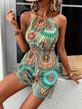 Damen Boho Mandala-Print Neckholder-Romper mit elastischer geraffter Taille, ärmelloser kurzer Jumpsuit für Sommer, Strand und Freizeit