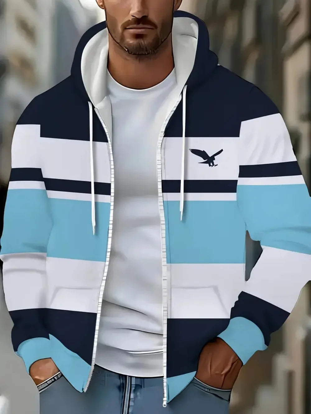 Lässiges, gestreiftes Herren-Sweatshirt mit Kapuze und durchgehendem Reißverschluss, Outdoor-Kleidung, glatte Kapuzentaschen mit Kordelzug, einfache gestreifte Sportbekleidung für Herren