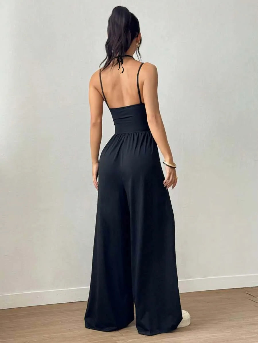 Damen Sommer Schwarzer Lässiger Jumpsuit mit Verstellbarem Neckholder-Ausschnitt, Plissiert, Locker Geschnitten, Gerades Bein, Casual-Outfit für Frauen