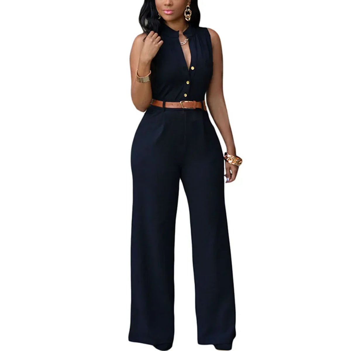 Damen Jumpsuit Sexy Ärmellos Tiefer V-Ausschnitt Weites Bein Jumpsuit Romper Mit Gürtel