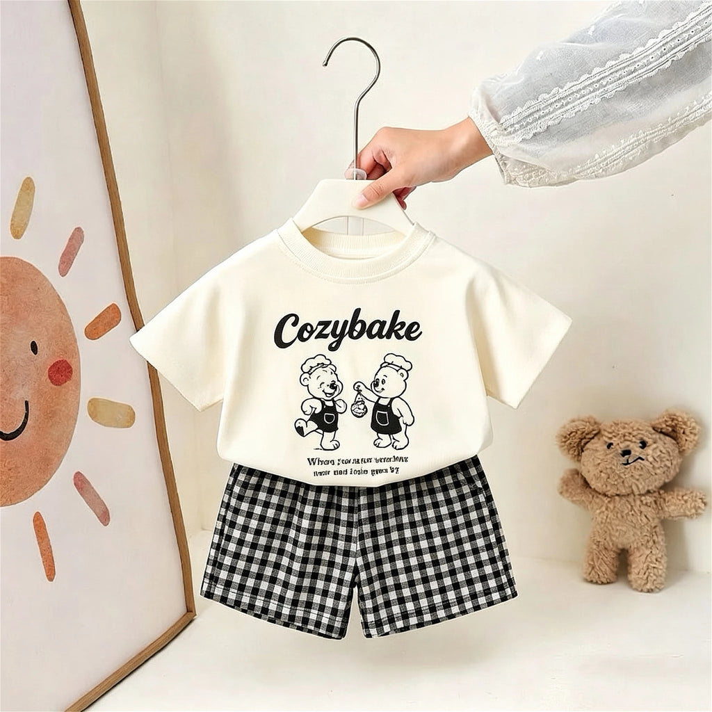Cartoon Mode Jungen Kurzarm T-Shirt + Karierte Shorts Set Kinderkleidung Sommer Dünner Einfacher Lässiger Trainingsanzug Kinder-Sets