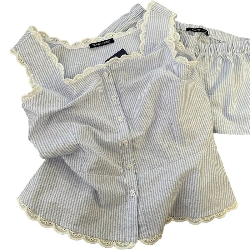 Gestreifte Frauen Pyjamas Sommer Nachtwäsche Ärmellose Shorts Sets 2 Stück Spitze Nacht Trägt Tank Koreanische Schlafen Hause Anzug 2025 Neue