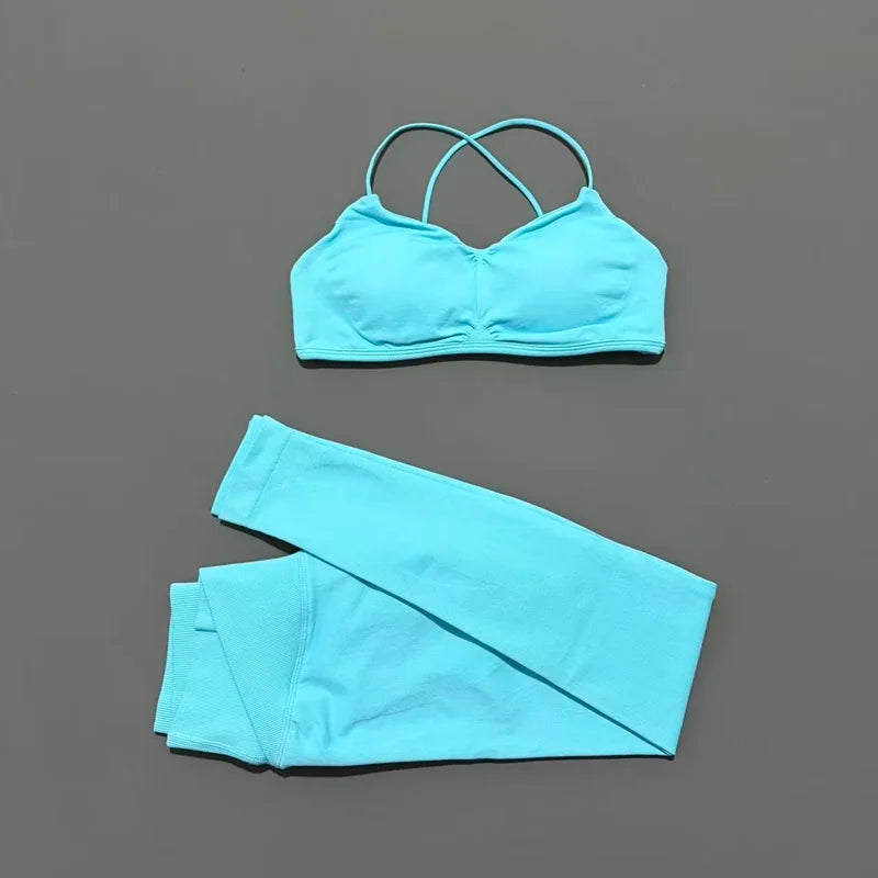 2-teiliges HISTELLO Vision Fitness-Set für Damen, Yoga, nahtloser Cross-BH, Scrunch-Leggings, Anzug für Gym, Pilates, Workout, Sport-Leggings-Set
