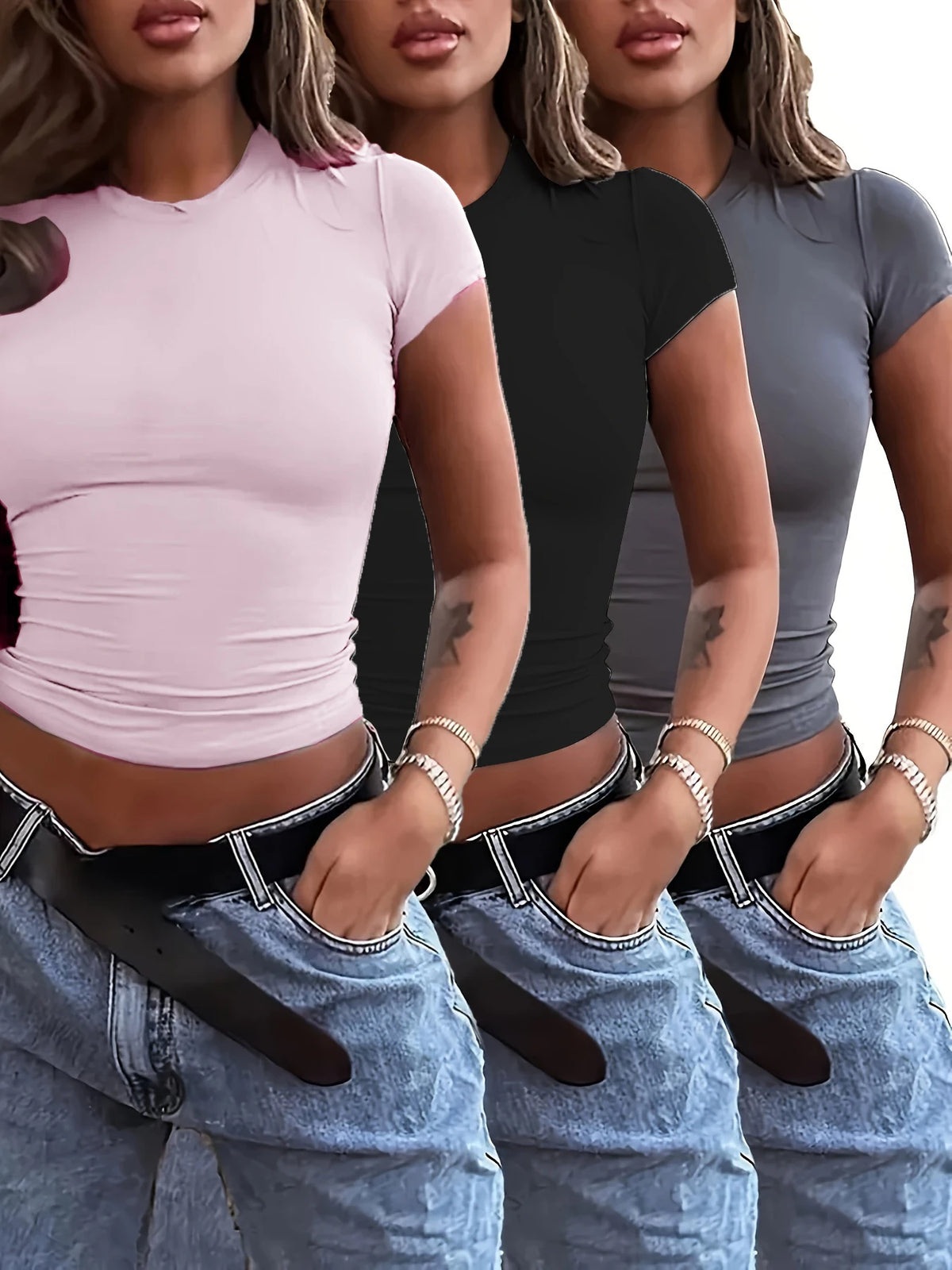 3 Stück Damen Slim Fit Kurzarm T-Shirts Elegant Rundhalsausschnitt Casual T-Shirt Damen Y2k Vintage Basic Tees 2025 Damenbekleidung