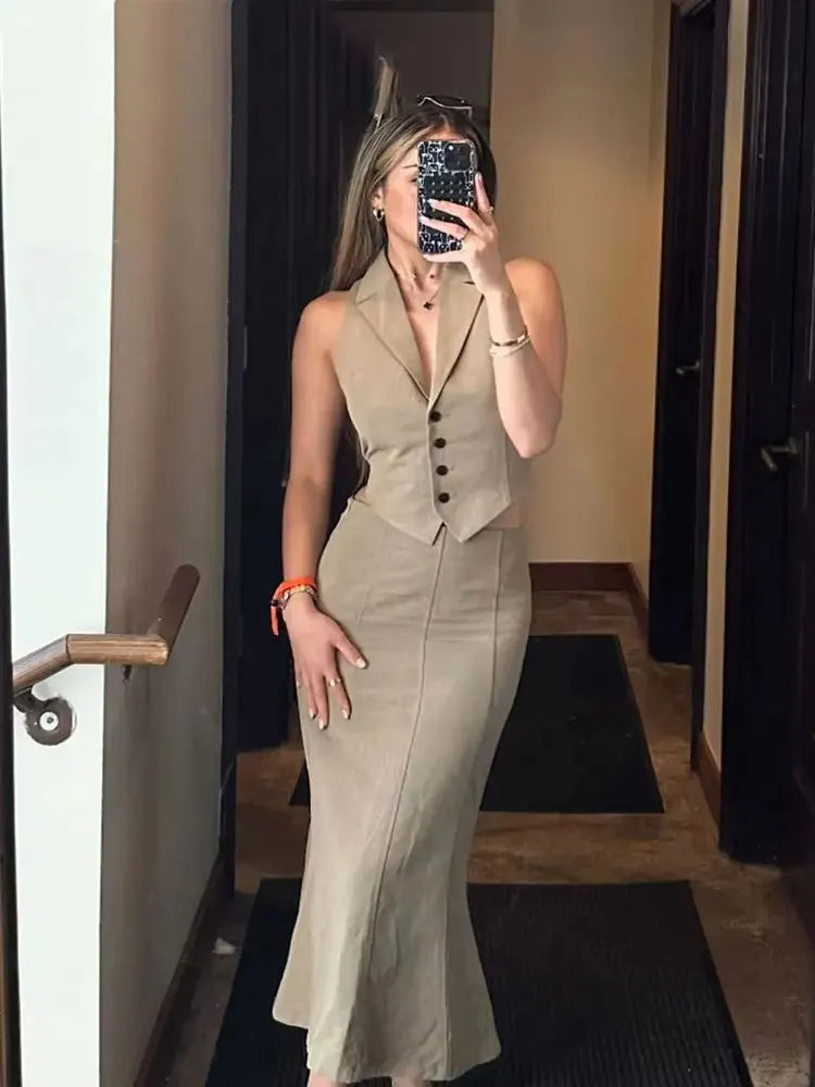 HH Frauen Solide Weste Rock Sets Zurück Spitze Einreiher Westen Top Seite Zipper Schlank Midi Röcke Mode High Street outfit