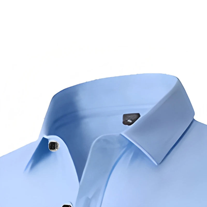 Herren Einfarbiges Blaues Hemd Langarm Slim Fit mit Schwarzen Knöpfen Knitterfreier Stretch-Stoff für Business, Hochzeit & Alltag