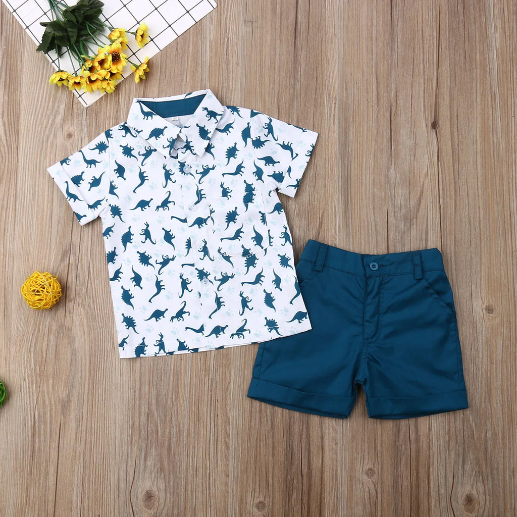 Sommer Kinder Kleidung Set Infant Cartoon Dinosaurier Druck Kurzarm Shirt + Einfarbig Shorts Kind Kleinkind Jungen Outfit