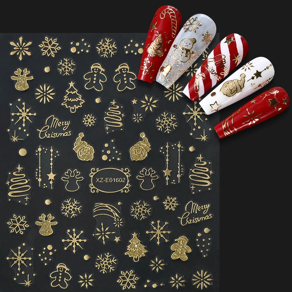 2 Stück 3D Glitter Gold Weihnachten Nagelaufkleber Schneeflocke Kristallkugel Baum Schneemann Nail Art Aufkleber selbstklebend Urlaub Nagelzubehör