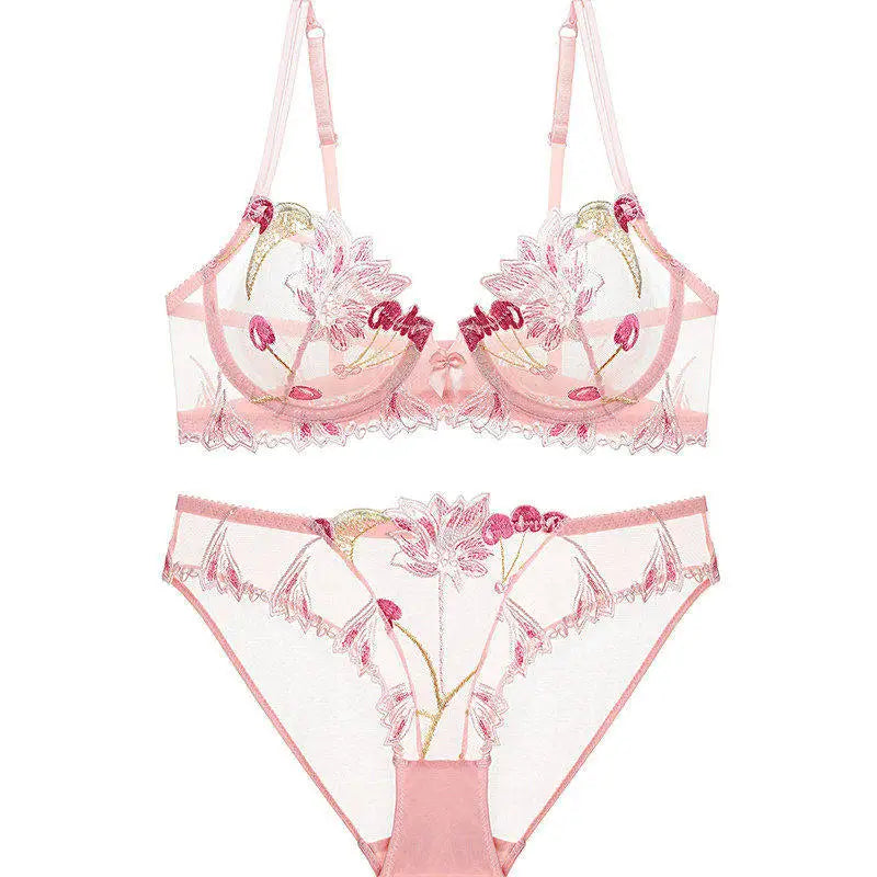 Eleganter Kirschblüten-Stickerei-Spitzen-Bügel-BH, ultradünn, Minimizer, stützend, Anti-Sagging, seitlich glättend für große Brüste, Größen 32-38, Set