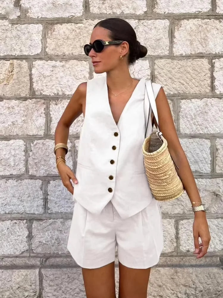 Frauen Vintage-Mode Shorts Set Casual Solide Weiß Ärmellose Weste + Taschen Hosen Weibliche Zwei Stücke Set Straße Roupa De mujer