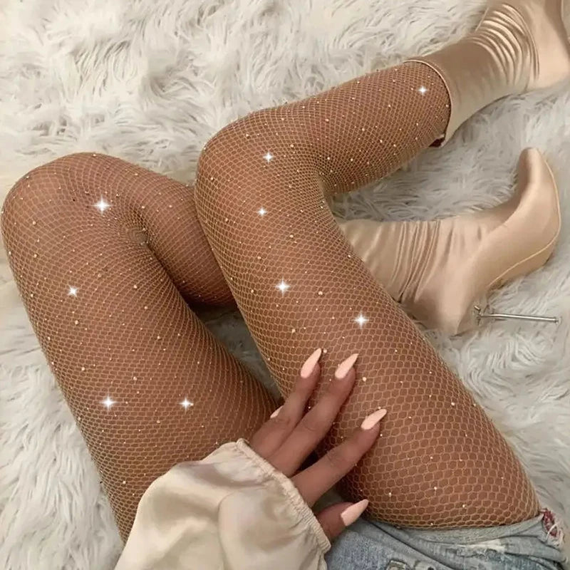 1 paar Strass Fishnet Strümpfe Für Frauen Schwarz Sexy Ultra Sparkly Hohe Taille Strumpfhosen Weibliche Party Leggings DS1155