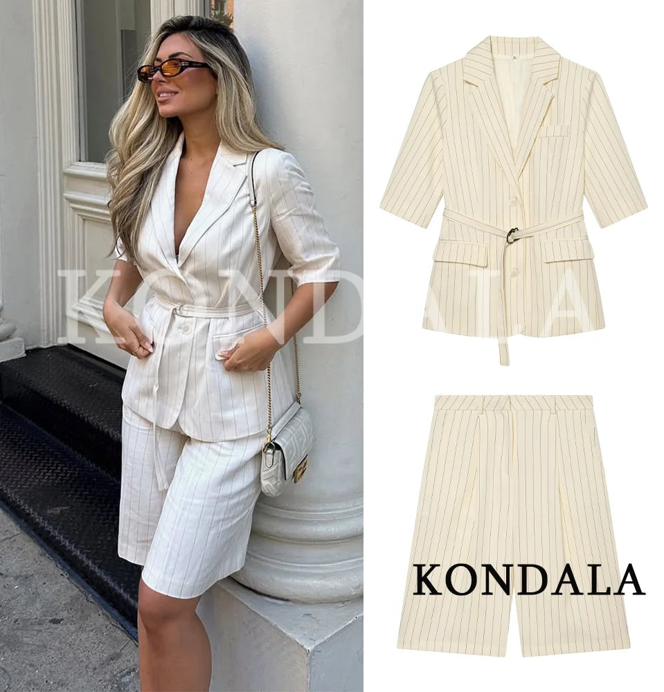 KONDALA Damen Büro-Outfit Gestreiftes Blazer-Set mit Gürtel Blazer mit Taschen Shorts Neue Mode 2026 Frühling Sommer Urlaub Lässiges Shorts-Set