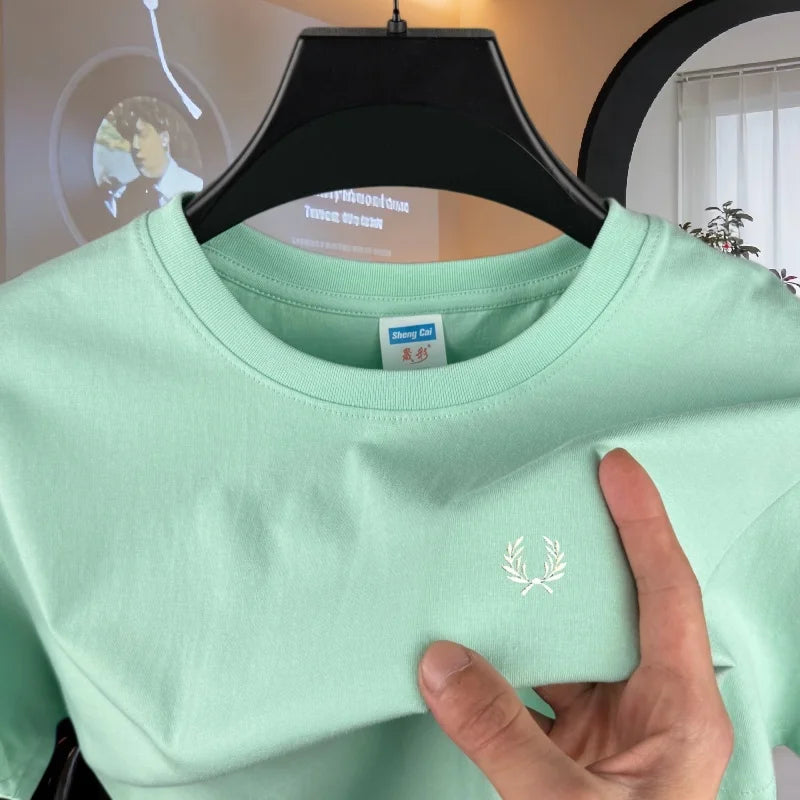 100% reine Baumwolle, hochwertiges Marken-Herren-T-Shirt mit Rundhalsausschnitt und kurzen Ärmeln, Sommermode, luxuriöses Weizen-Stickerei-Design, lässiges T-Shirt