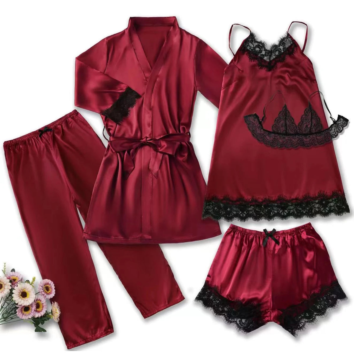 Damen Satin Nachtwäsche Pyjama Set Rosa Sexy Dessous Bademantel Spitze Patchwork Seide Nachtkleid Hose Home Bekleidet Nachtwäsche