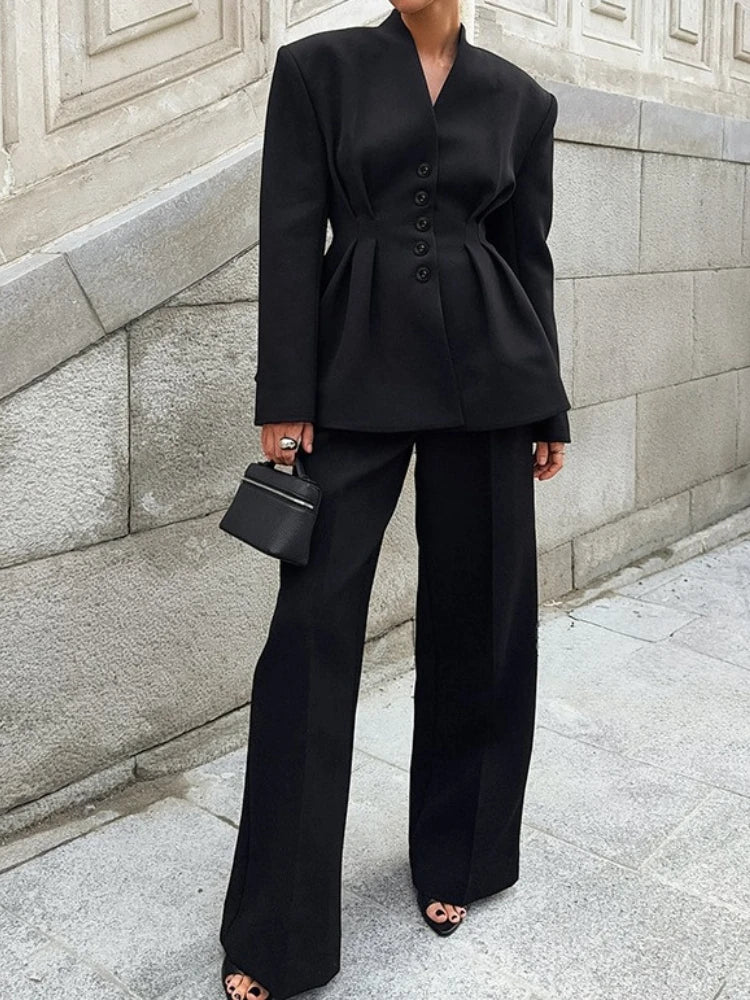 Elegantes Blazer-Hosen-Set für Damen Einfarbiger V-Ausschnitt Langarm-Knopfjacke Weite Hose Frühjahr Neue Mode Büro-Damen-Outfits