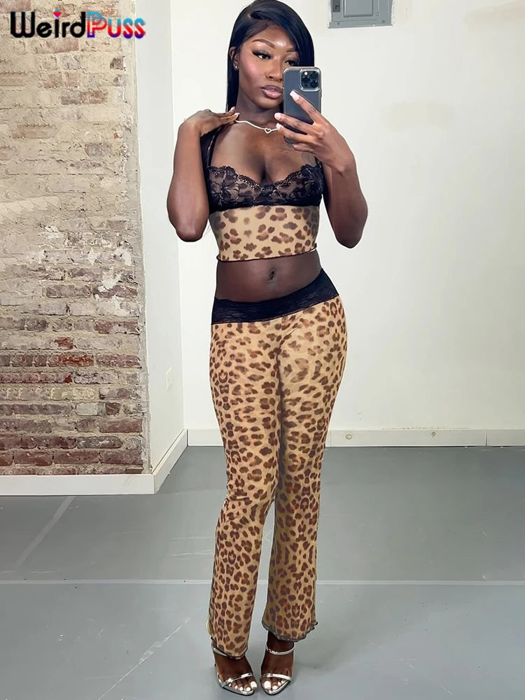 Seltsame Puss Mesh Patchwork 2-teiliges Set Frauen Sexy Dekolleté Ärmel Crop Tops + Leopardenmuster Dünne Hosen Straße wilde Trend Anzug
