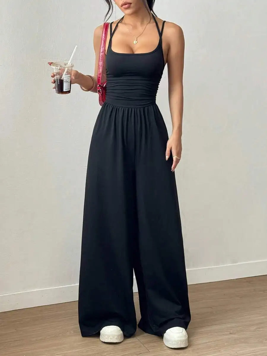 Damen Sommer Schwarzer Lässiger Jumpsuit mit Verstellbarem Neckholder-Ausschnitt, Plissiert, Locker Geschnitten, Gerades Bein, Casual-Outfit für Frauen