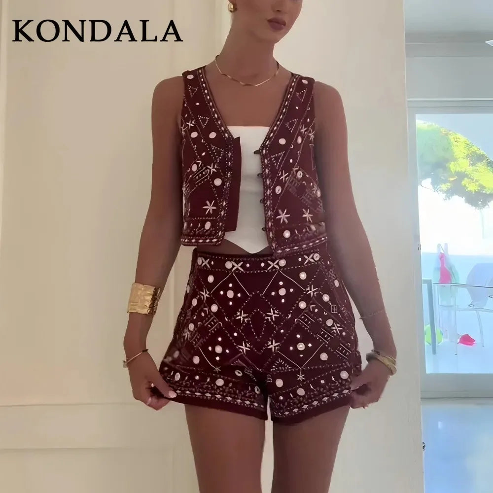 KONDALA 2026 Frühling Sommer Streetwear Stickerei Damenanzüge Mode V-Ausschnitt Einreihige Ärmellose Westen Schicke Mini-Shorts