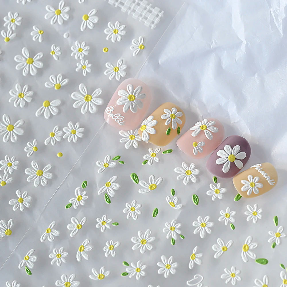 5D süße weiße Gänseblümchen Nagelaufkleber Kawaii Blume grünes Blatt Gänseblümchen japanische Nail Art Dekorationen Abziehbilder DIY Maniküre Zubehör # 9