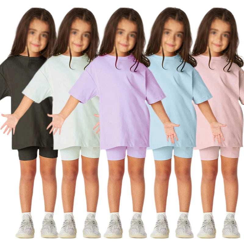 Neuheit Kleine Kinder Baby Mädchen Kleidung 2 Stück Trainingsanzug Set Übergroßen Kurzarm Baumwolle T-shirt + Leggins Shorts Sport Anzug