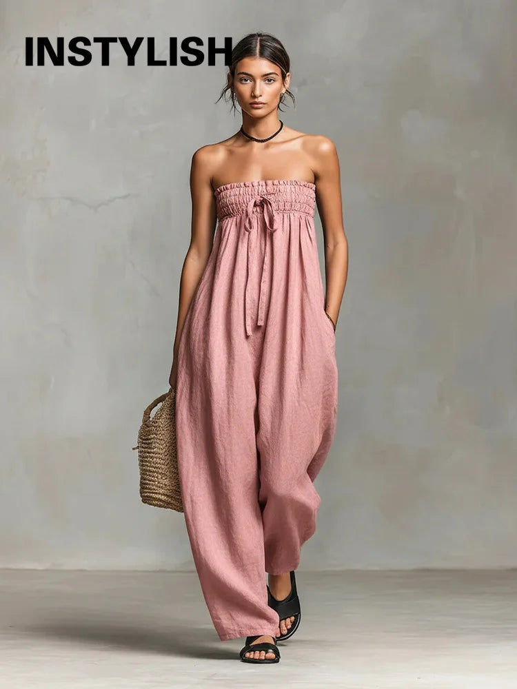 Damen Trägerloses Tube-Top Leinen-Jumpsuit mit Elastischem Gerafftem Oberteil, Sommerlicher Lässiger Ärmelloser Weiter Overall, Streetwear-Romper