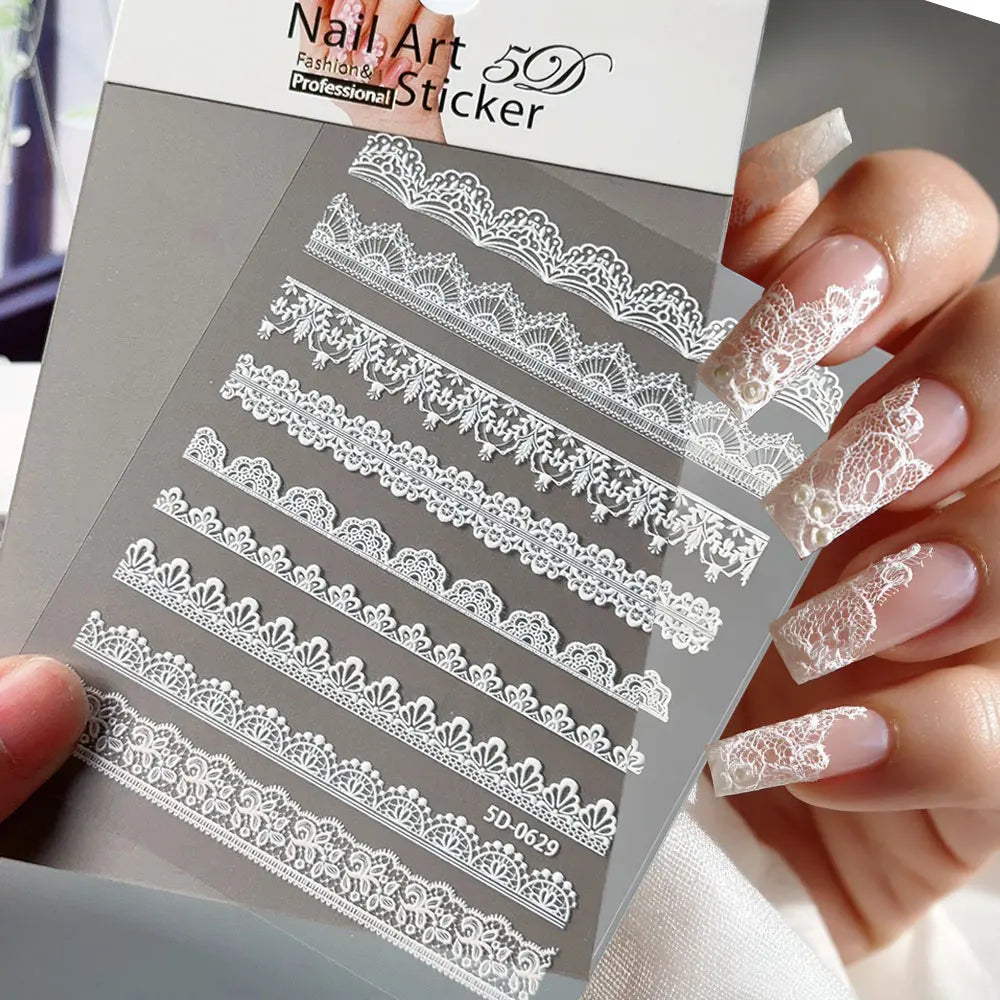 5D Relief Weiße Spitze Nagel Aufkleber Elegante Hohle Spitze Französisch Nagel Aufkleber Selbstklebende Hochzeit Spitze DIY Maniküre Liefert $ # TY3