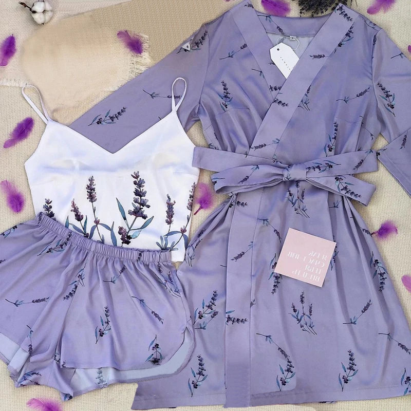 Lavendel Print Damen Sommer sexy Pyjama hose Set 3 Stück Satin mit Seide Nachtwäsche Robe Mode und bequeme Nachtwäsche