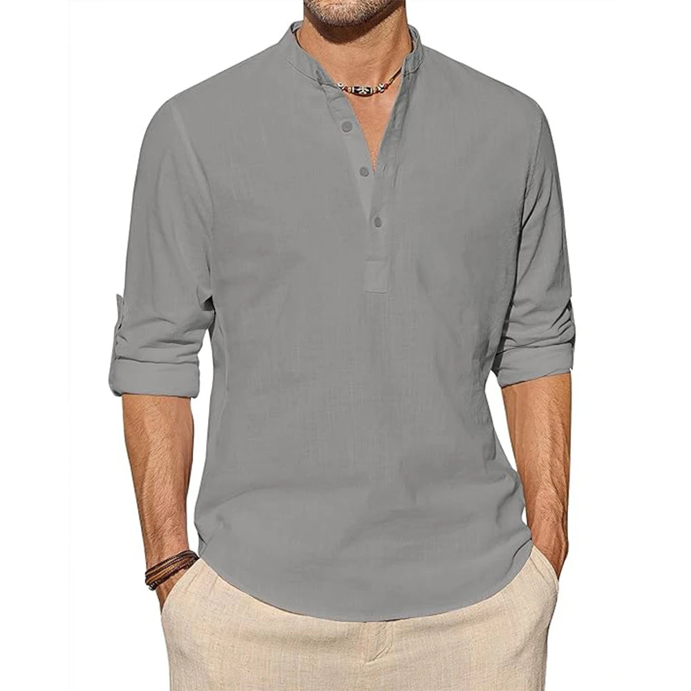 Neue Baumwoll-Leinen-Hemden für Herren, Freizeithemden, leichtes, langärmliges Henley-T-Shirt, einfarbige Langarm-Tops, aufrollbar