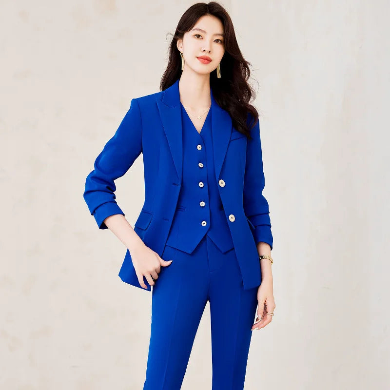 Modischer königsblauer Damen-Blazeranzug im 3-teiligen Set mit Weste und hochtaillierter Hose, langärmlig, einfarbig, Bürokleidung, Damen-Outfit