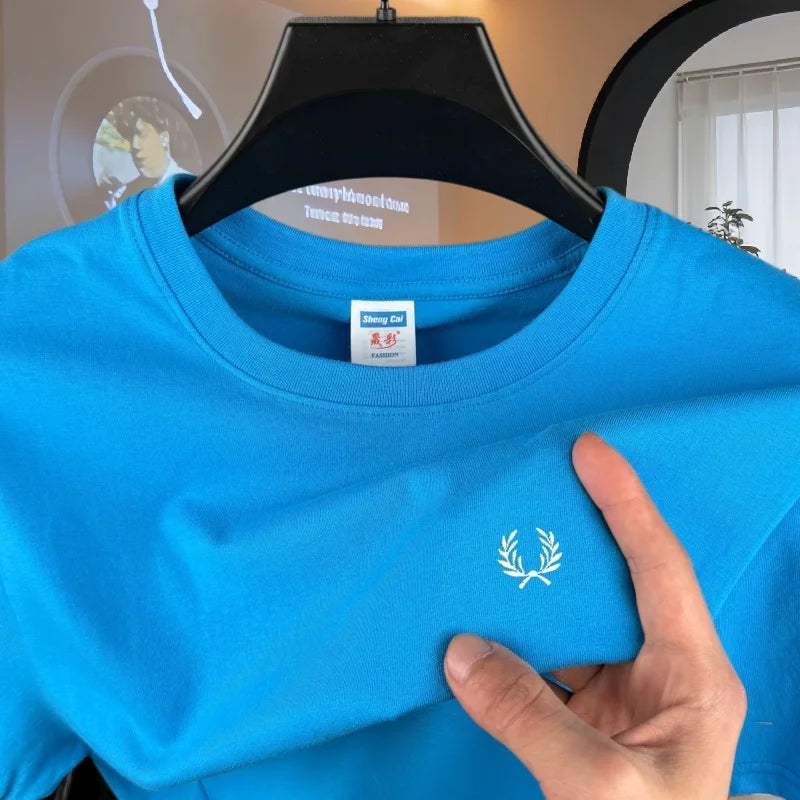 100% reine Baumwolle, hochwertiges Marken-Herren-T-Shirt mit Rundhalsausschnitt und kurzen Ärmeln, Sommermode, luxuriöses Weizen-Stickerei-Design, lässiges T-Shirt