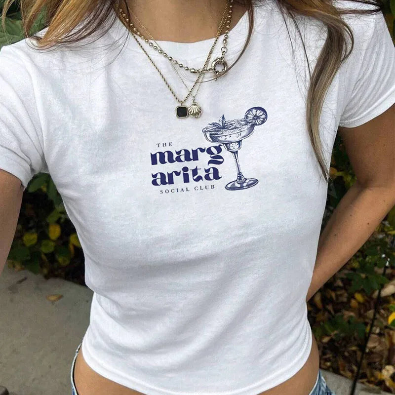 Y2K Sommer Slim Fit Mode T-Shirt Martini Cocktail Kurze Gerade Schulter Trendy Top für Freizeitkleidung