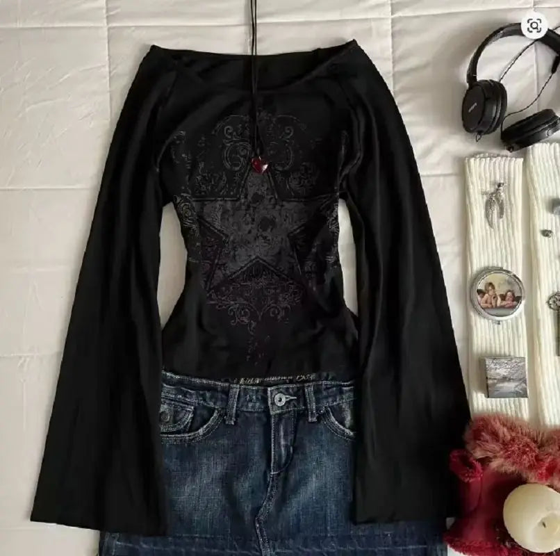 Y2K Grunge Emo Muster Top Herbst E-Girls Millennium Style Damen Ästhetisches Gothic Stern bedrucktes lockeres Langarm-T-Shirt