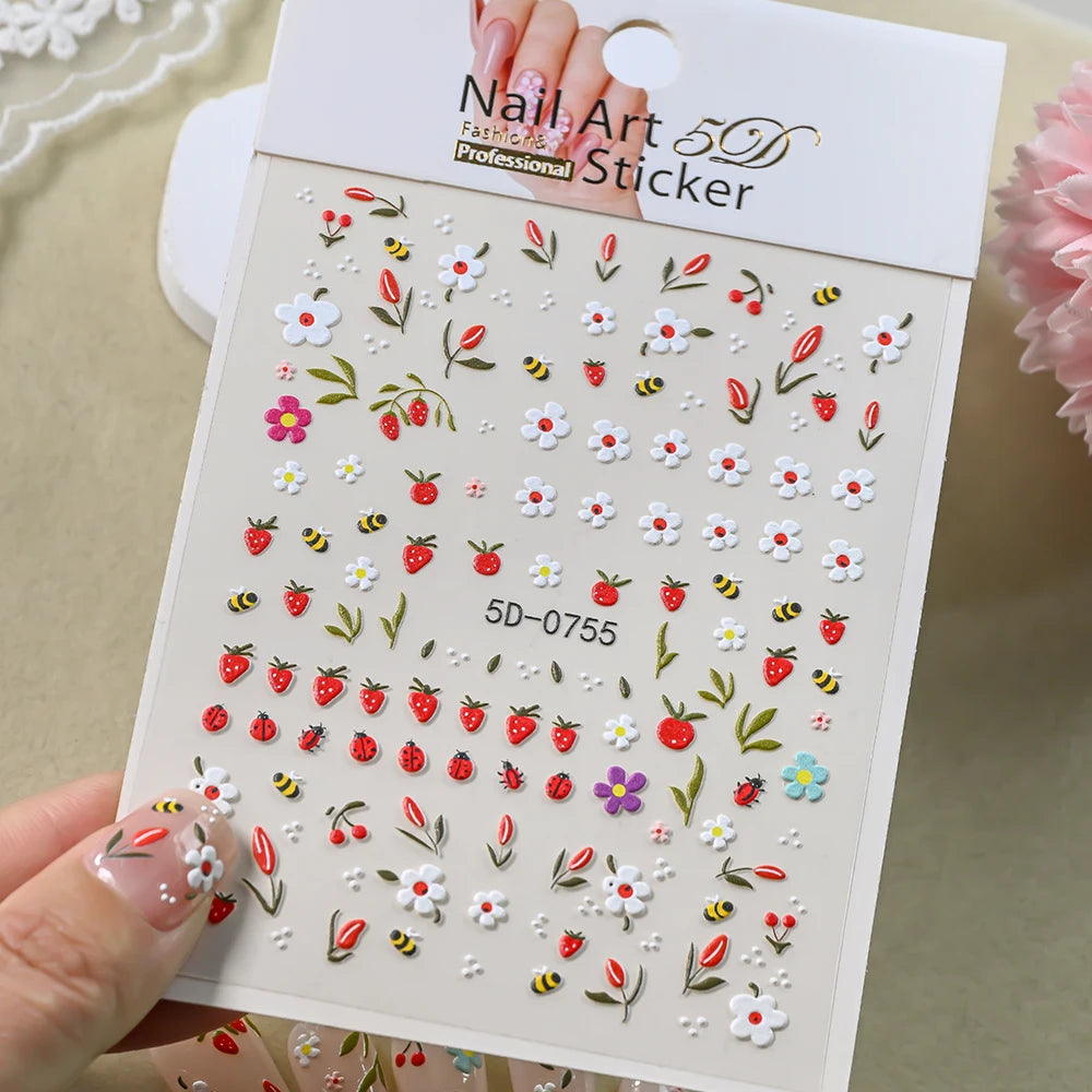 1 Stück 5D Niedliche Marienkäfer-Gänseblümchen-Blumen-Nagelaufkleber Weiße Gänseblümchen-Schleife Biene Selbstklebende Süße Nagelsticker Frühling Sommer Nagelkunst-Dekoration