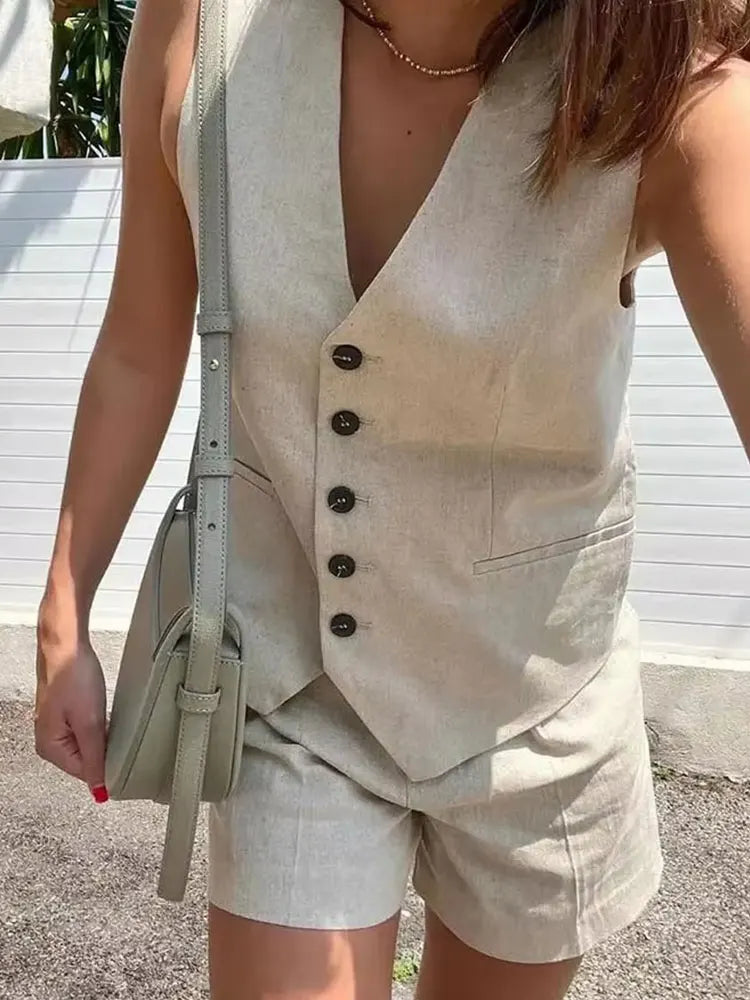 HH Frauen Hose Sets Vintage Solide Einreiher V-ausschnitt Weste Tops + Schlank Zipper Fly Shorts Sommer Büro Dame Anzug