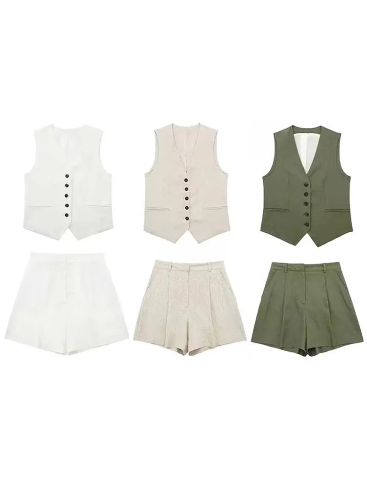 Frauen Vintage-Mode Shorts Set Casual Solide Weiß Ärmellose Weste + Taschen Hosen Weibliche Zwei Stücke Set Straße Roupa De mujer