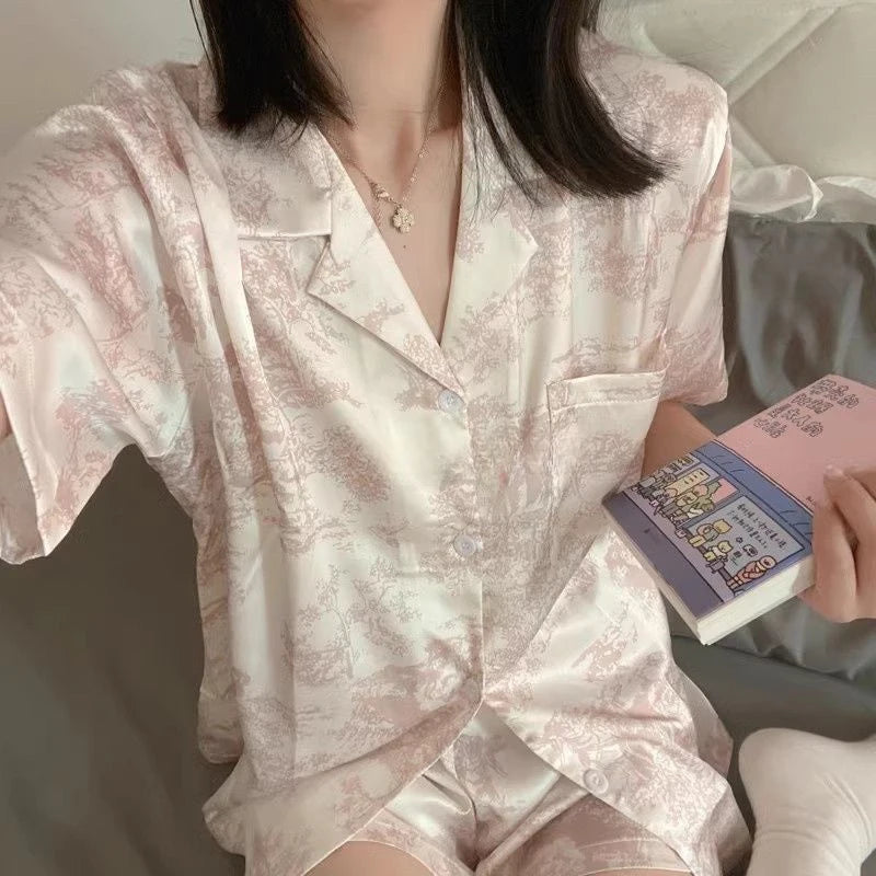2-teiliges Damen-Pyjama-Set mit süßem Aufdruck, kurzen Ärmeln, Knopfleiste und Shorts, rosa Nachtwäsche, weiche, bequeme Homewear, lässige Loungewear-Pyjama-Set