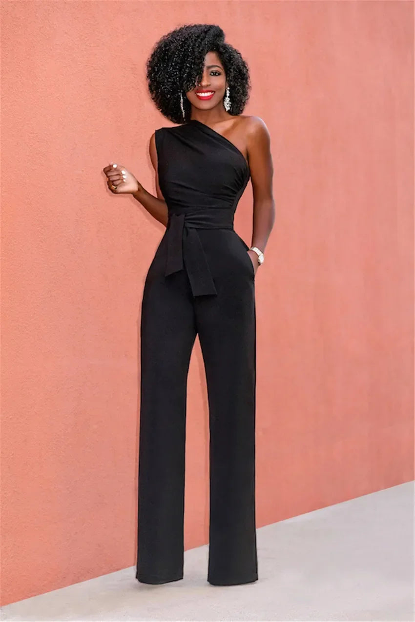 Damen-Overall, einfarbig, Skew-Kragen, bauchfreies Top, gerade Hosen, Gürtel, sexy, ärmellos, lockere Hosen, elegante, charmante Playsuits 2024