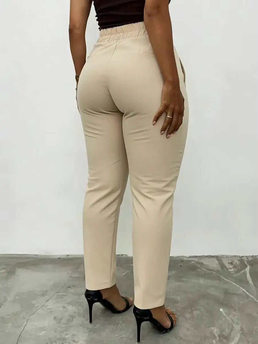 Damen Plus Size Beige Hochtaillierte Anzughose mit Metallschnallen-Dekor, Vertikaler Naht, Schlanke Gerade Hose für Büro, Frühling und Sommer