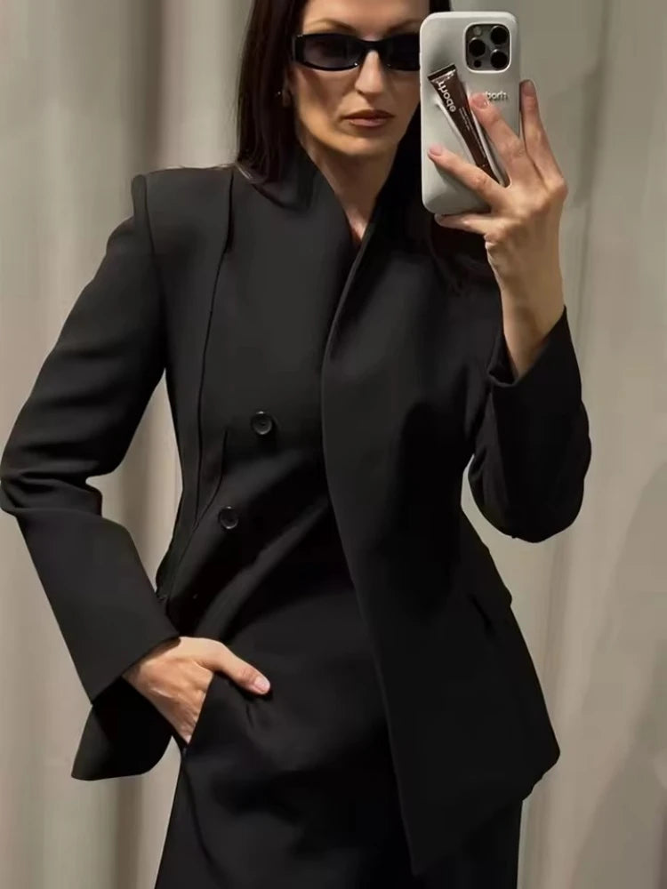 Frauen Elegante Schwarze Blazer Hosen Set Herbst Neue Taste Schlank Blazer Mantel + Zip-up Gerade Lange Hose Sets weibliche 2-teilige Anzüge