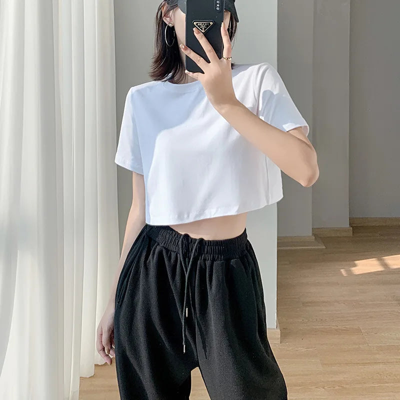 Sommer Mode frauen Kleidung Top Y2K lose Kurzarm T-shirt Sexy Einfarbig Straße Frauen Crop Top