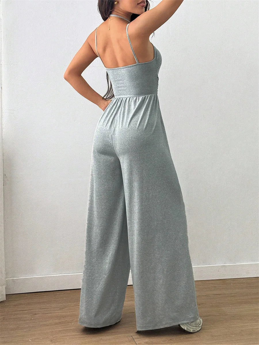 Damen-Jumpsuit mit Neckholder, geraffter Taille, U-Ausschnitt, weitem Bein, einfarbig, Sommer 2026, Alltagskleidung, Freizeit, für Büro und Studenten