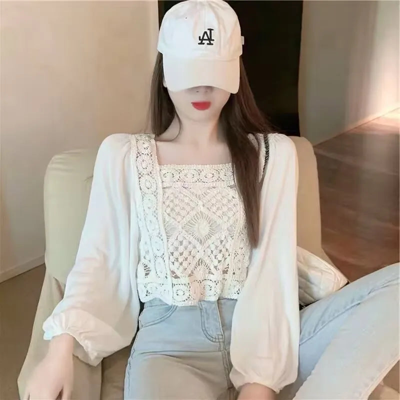 2026 Sommer Langarm Vintage National Trend Damenbekleidung Ausgehöhlte Spitze Patchwork Chiffon Hemden Damen Blusen Großhandel