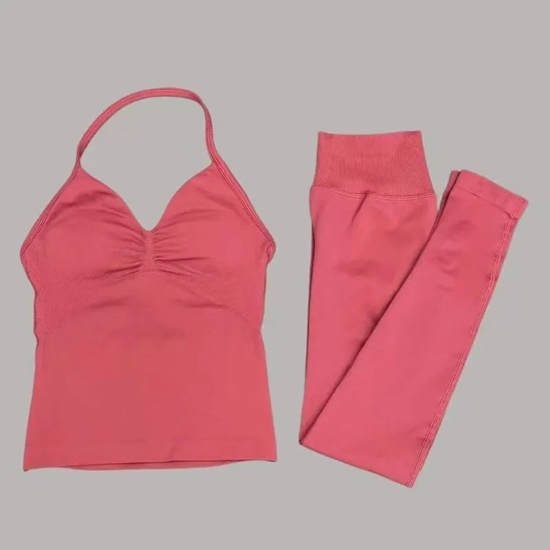 HISTELLO Gym-Leggings-Set, 2-teilig, für Damen, Yoga, lang, mit Trägern, nahtlos, Fitness-Kleidung, Laufen, Workout, Sport-Tops, Outfit