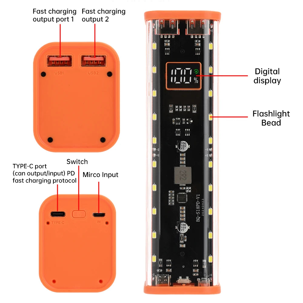 22,5 W Mobile Power DIY Fall Kein Löten 8PCS 18650 Batterie Box DIY Lade Power Transparente Shell Mit Taschenlampe