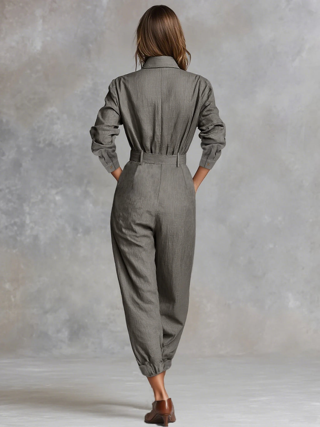 Damen Casual Utility Jumpsuit mit Doppelgürtel - Reverskragen Knopfleiste Langarm Haremshose Einteiler